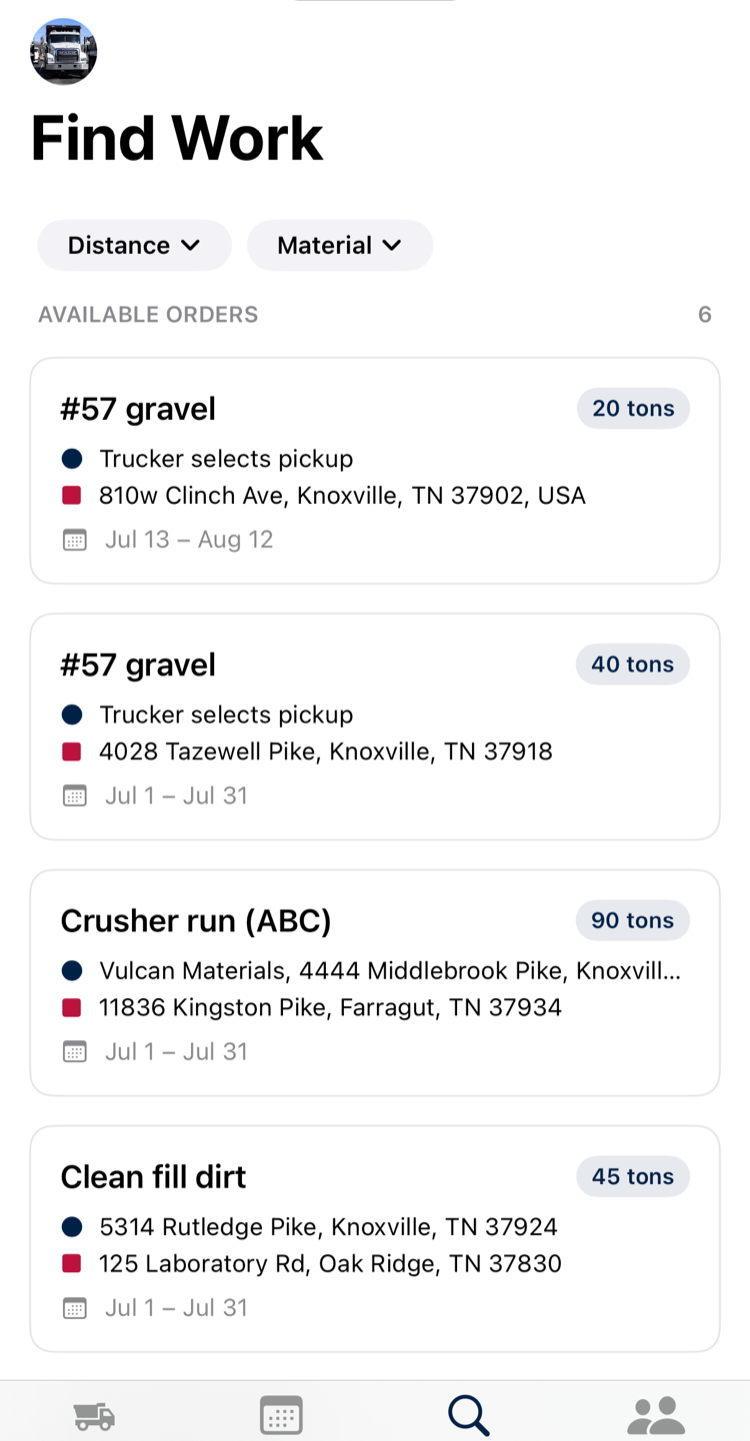 Moveflow driver app Find Work tab listing available orders near Knoxville — #57 gravel 20 tons, #57 gravel 40 tons, crusher run 90 tons from Vulcan Materials, clean fill dirt 45 tons — with distance and material filters