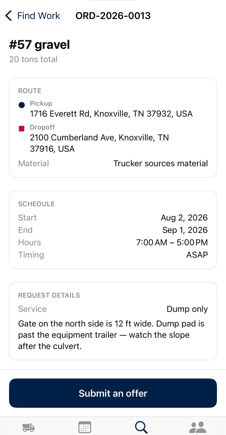 Order detail for #57 gravel, 20 tons: route from 1716 Everett Rd to 2100 Cumberland Ave in Knoxville, trucker sources material, schedule of Aug 2 to Sep 1 with a 7:00 AM to 5:00 PM window, dump only service, an access note about the gate and dump pad, and a Submit an offer button