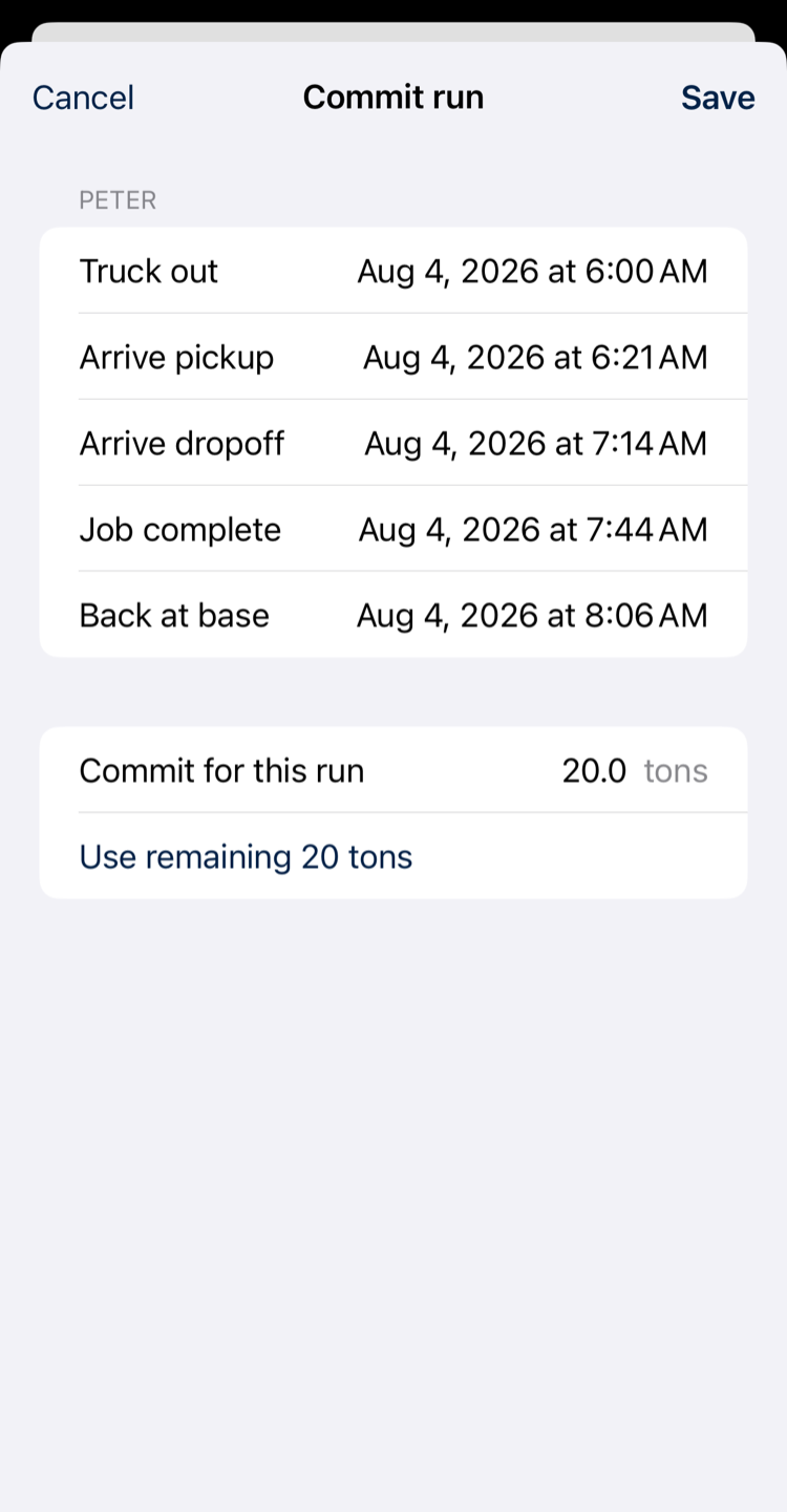 The commit run sheet for driver Peter showing the full timeline — truck out 6:00 AM, arrive pickup 6:21 AM, arrive dropoff 7:14 AM, job complete 7:44 AM, back at base 8:06 AM — with 20 tons committed for the run