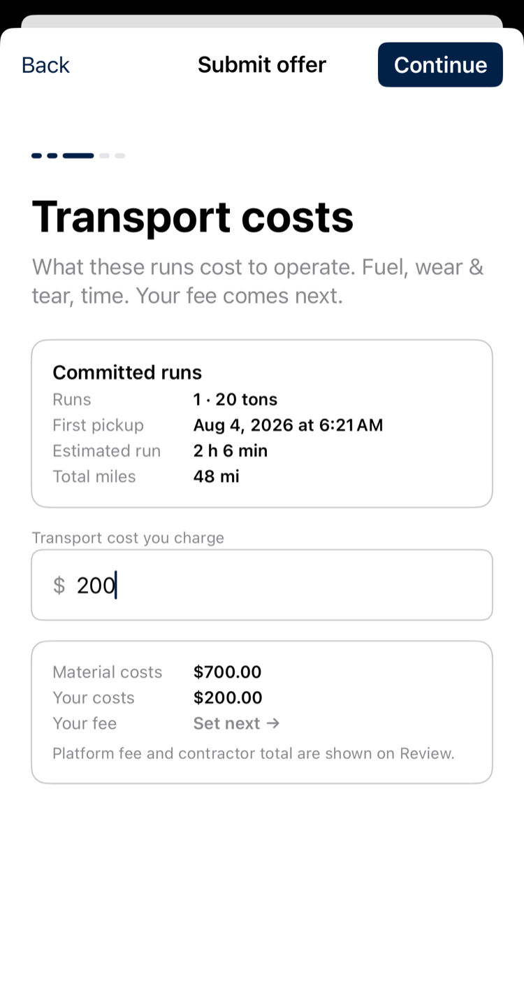 Transport costs step: what the runs cost to operate, entered alongside the running material total