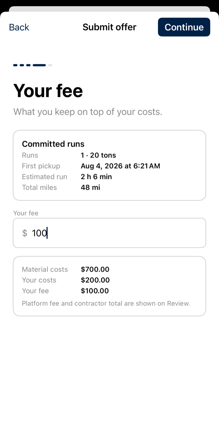 Your fee step: what the operator keeps on top of their costs, with material and transport already totalled
