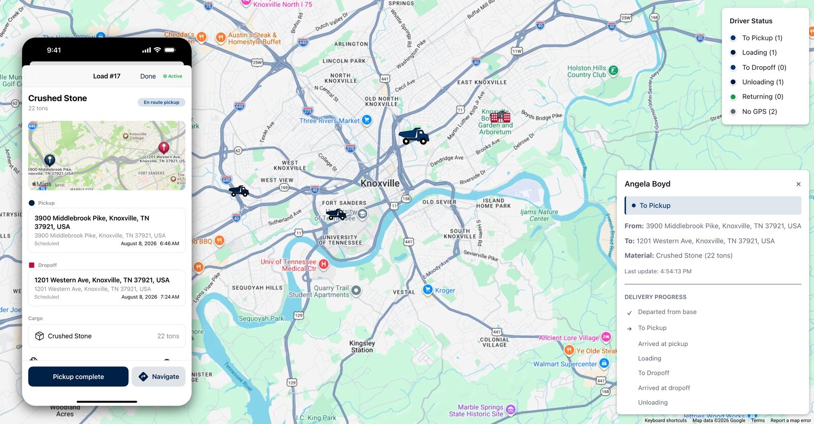 Live fleet map with three tracked dump trucks, the selected driver en route to pickup and her delivery-progress checklist just beginning