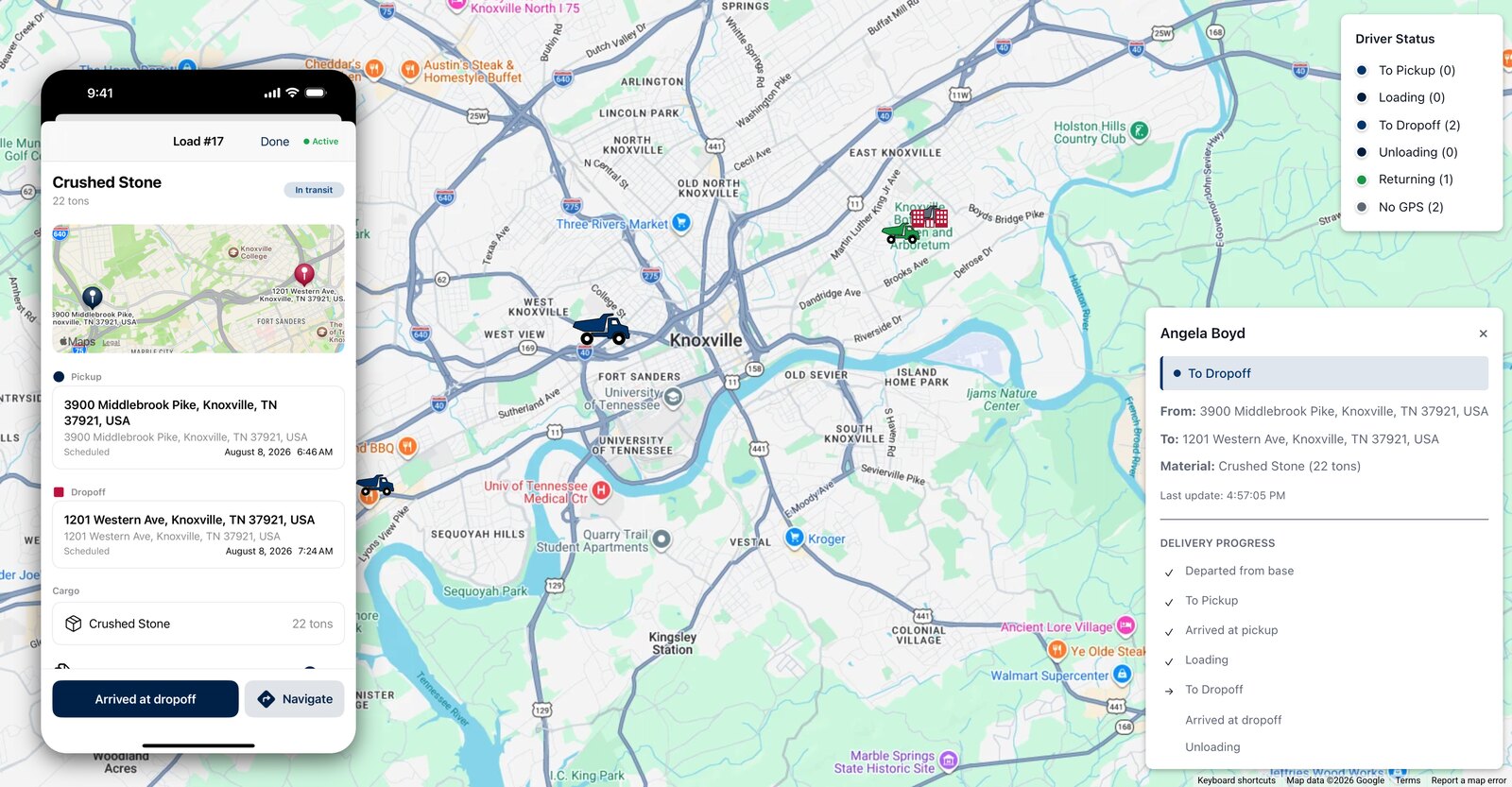 The selected truck loaded and driving to the dump site, with two more trucks tracked live elsewhere across Knoxville
