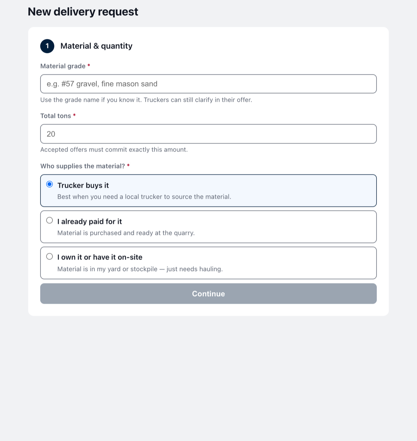 Moveflow contractor portal, new delivery request: the Material and quantity step, empty, asking for material grade and total tons