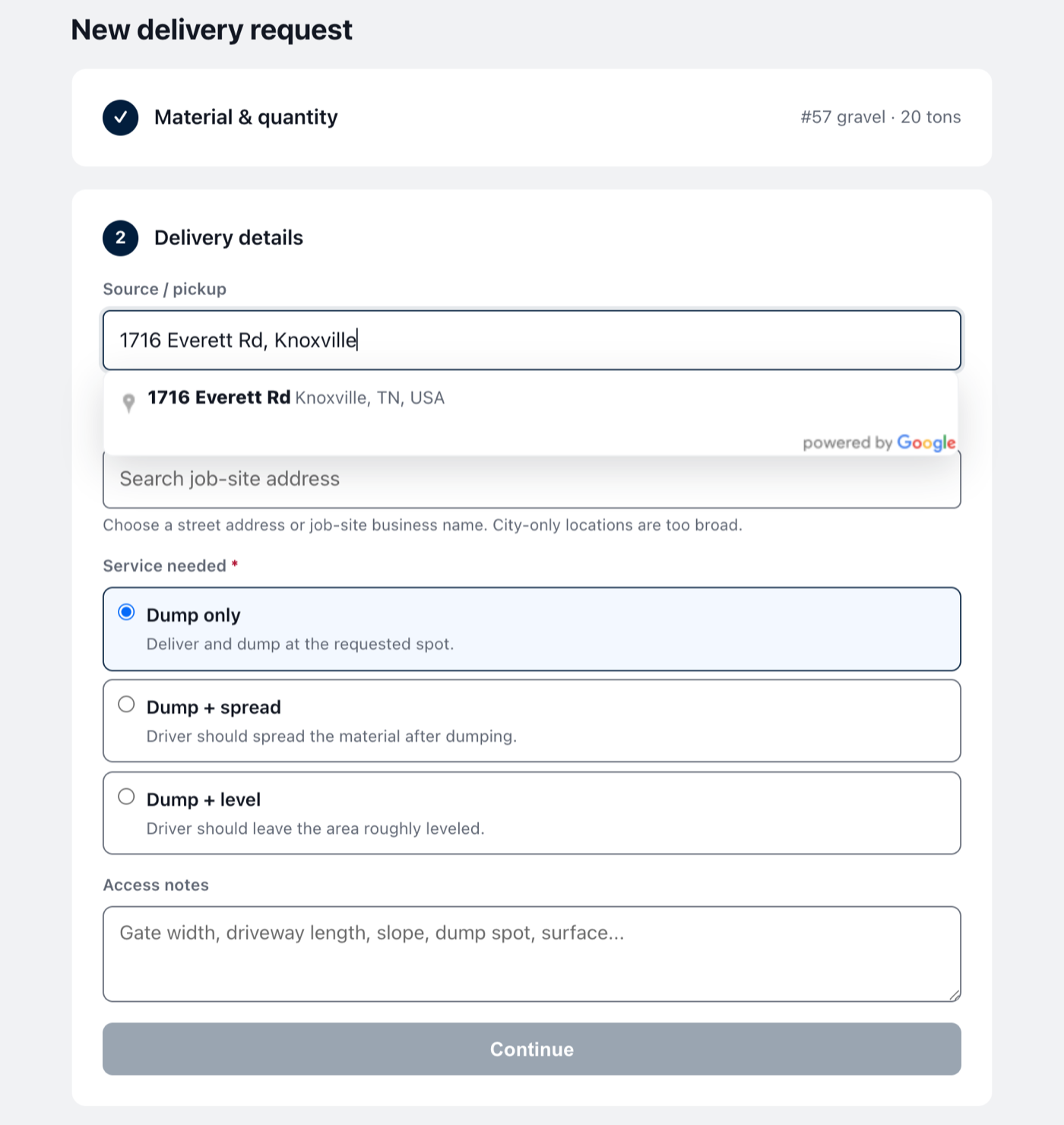 Typing a quarry address into Source and pickup, with the Google address autocomplete dropdown open and suggesting 1716 Everett Rd, Knoxville, TN