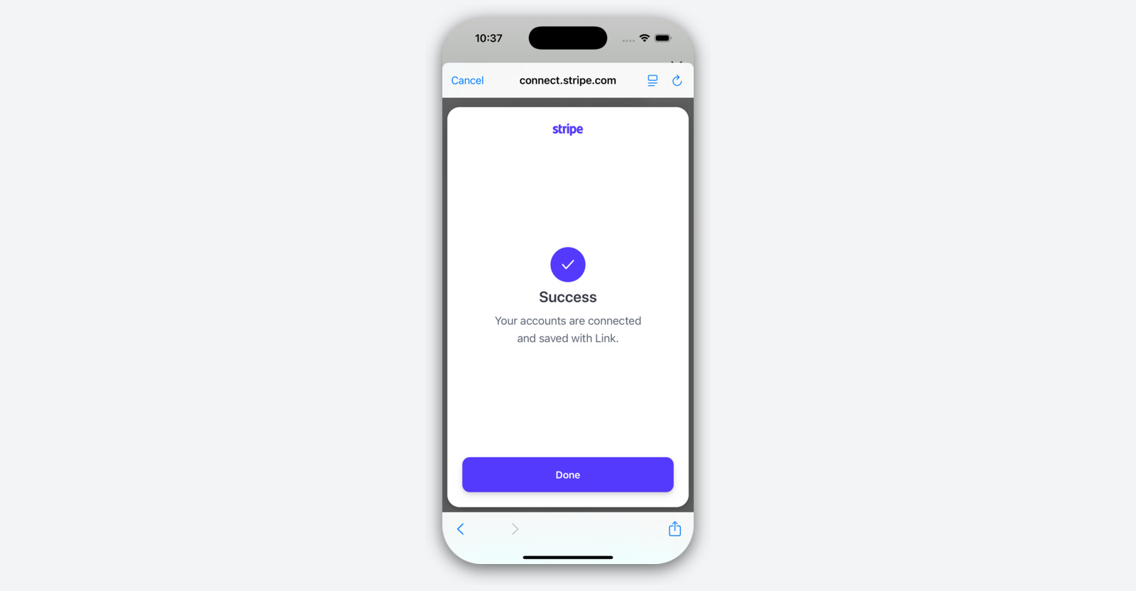 Stripe’s success screen in the driver app after bank and identity verification: “Your accounts are connected”