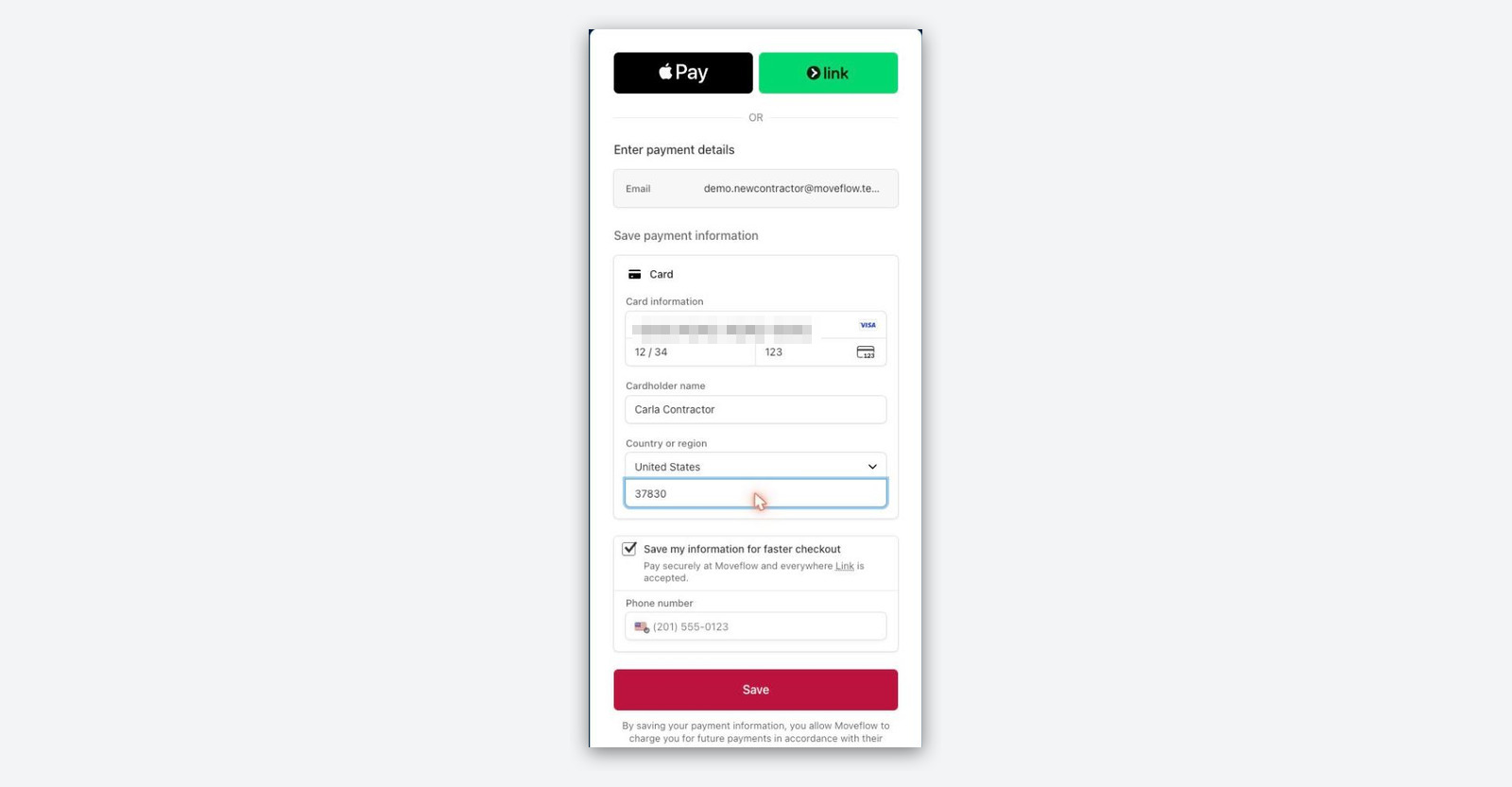 Stripe Checkout in the contractor portal with Apple Pay, Link, and card payment options for the accepted haul offer