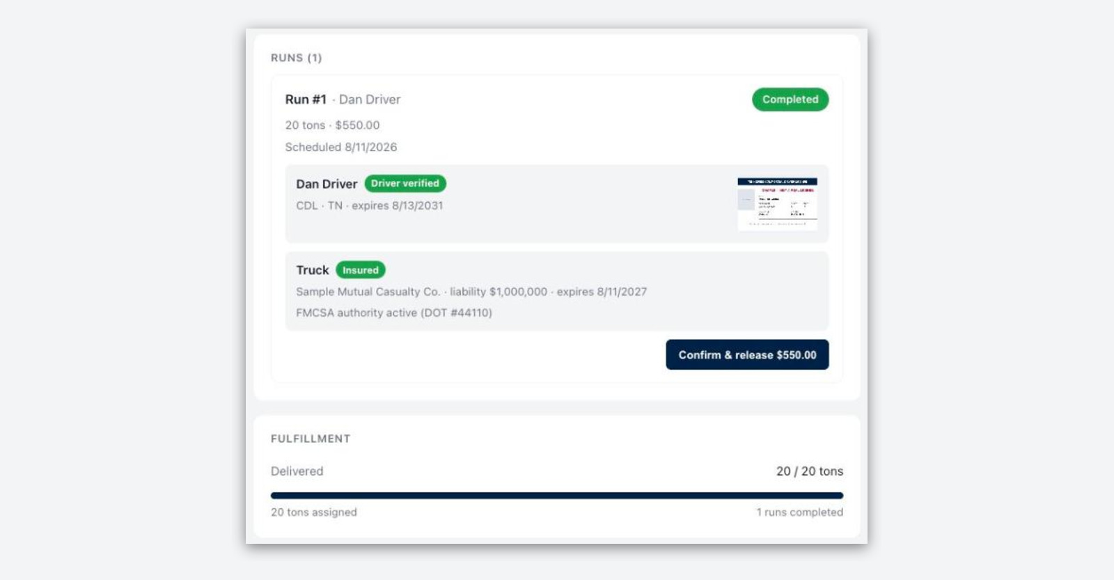 The contractor’s order after delivery: the completed run by a verified driver with an insured truck, 20 of 20 tons delivered, and a “Confirm & release $550.00” button