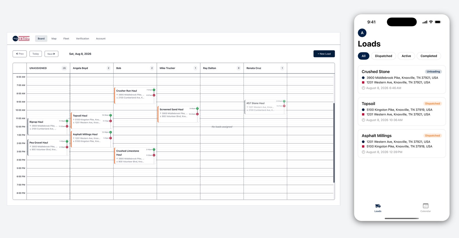 The dispatch board in a browser showing a full day across five drivers, beside a driver’s phone listing the runs assigned to them