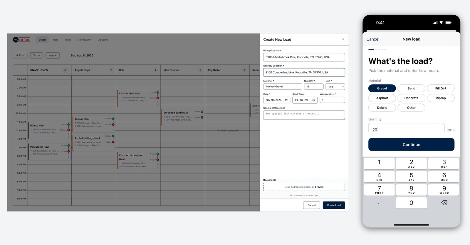 The browser’s new-load form beside the same job being created in the driver app, which offers material as tap-to-pick chips