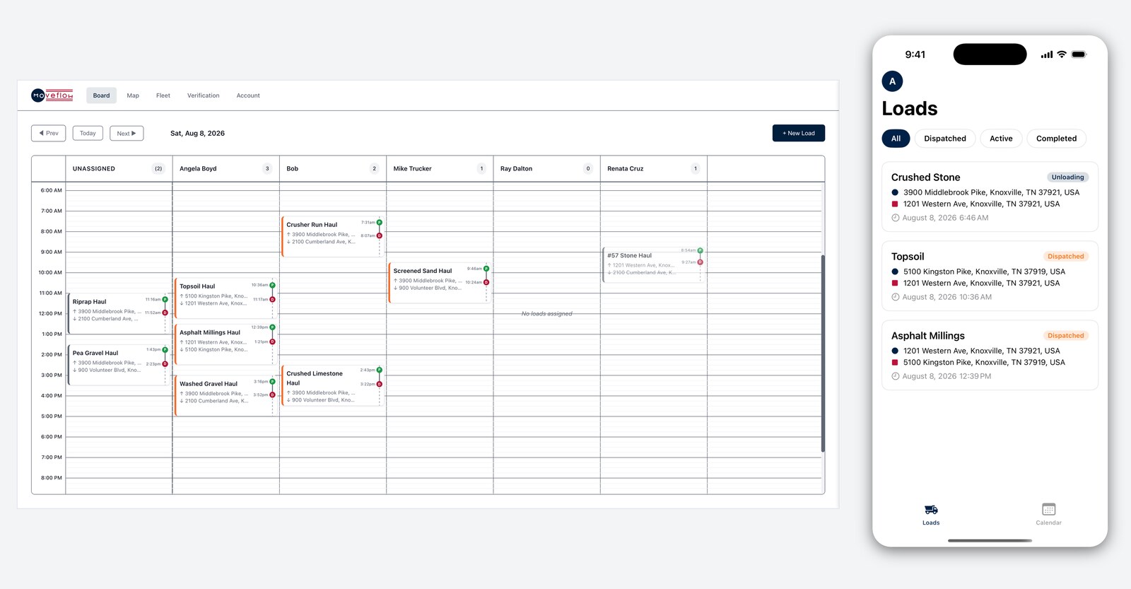 The same board after assignment, the load now sitting in a driver’s column and the unassigned count one lower