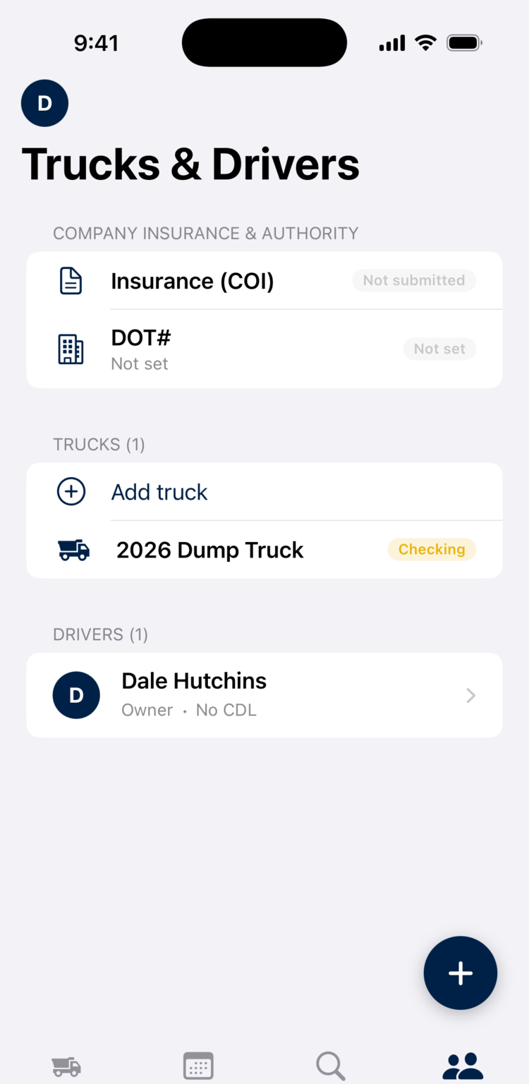 Trucks & Drivers screen in the Moveflow driver app listing insurance not submitted, no DOT number set, and a driver with no CDL on file