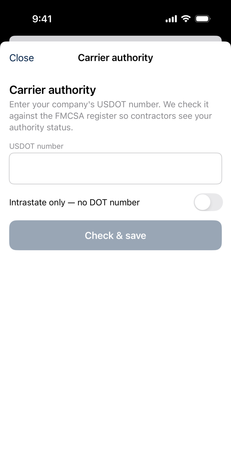 Carrier authority form asking for a USDOT number, checked against the FMCSA register