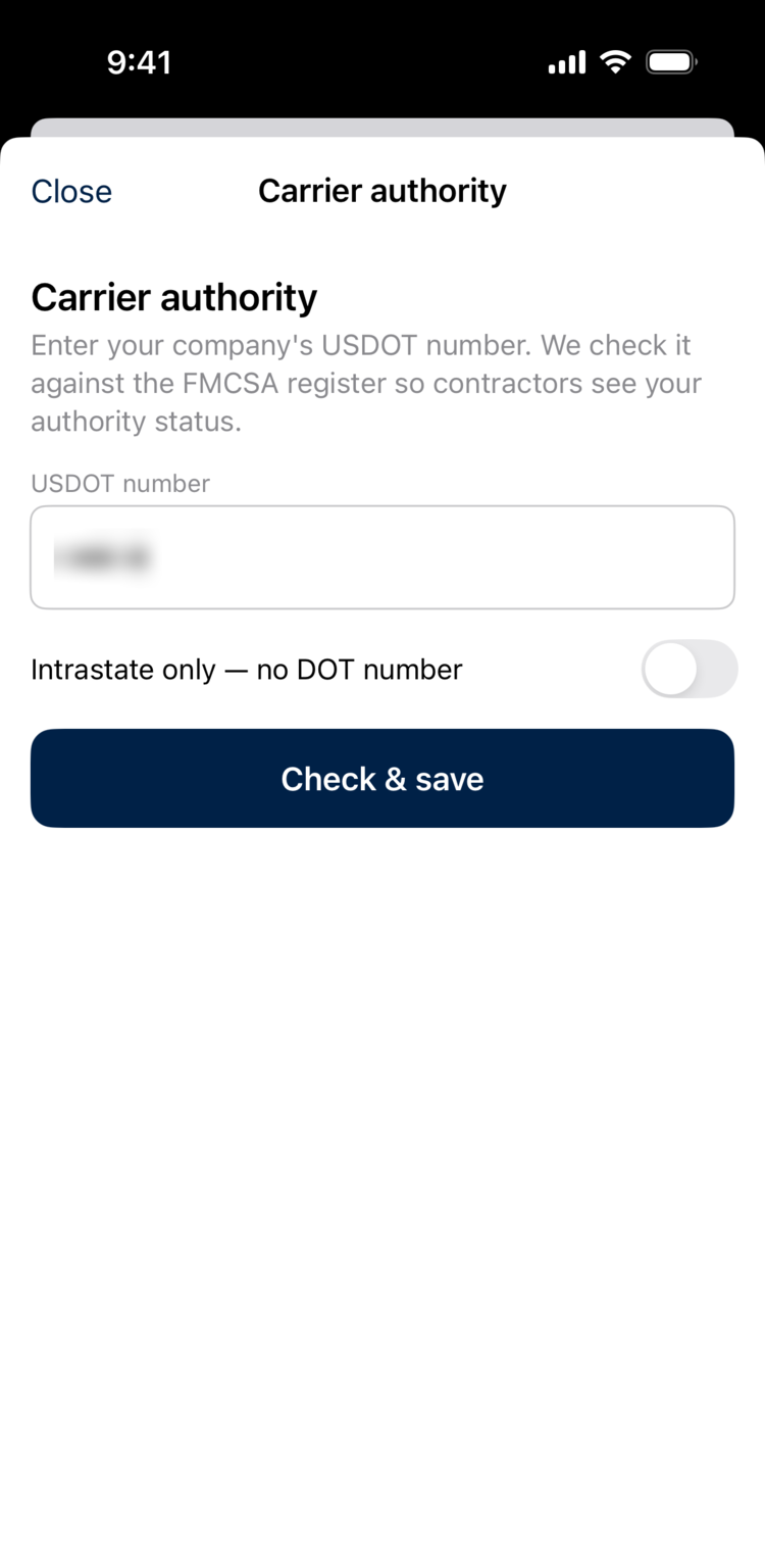 A USDOT number entered into the carrier authority form, ready to be checked