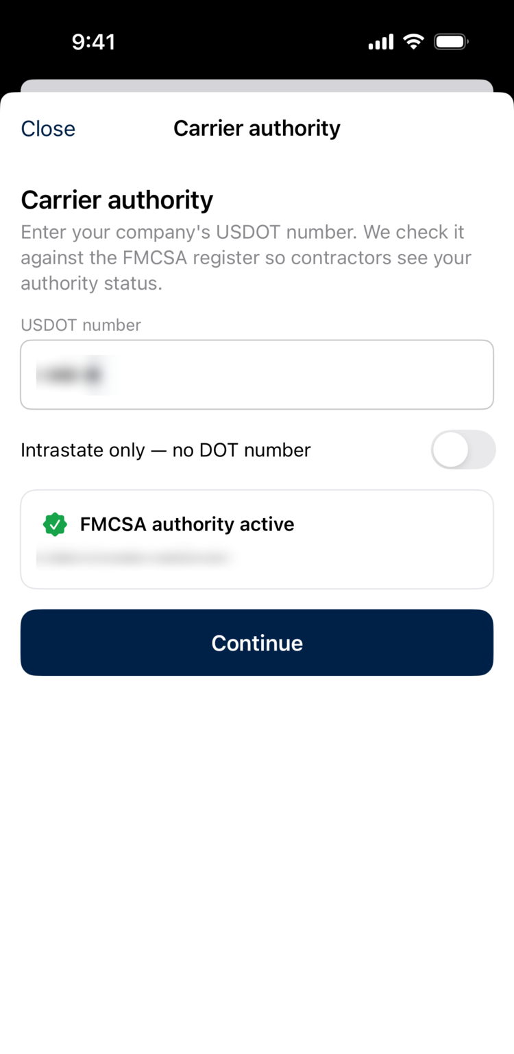 The FMCSA lookup returning a green “FMCSA authority active” result for the carrier