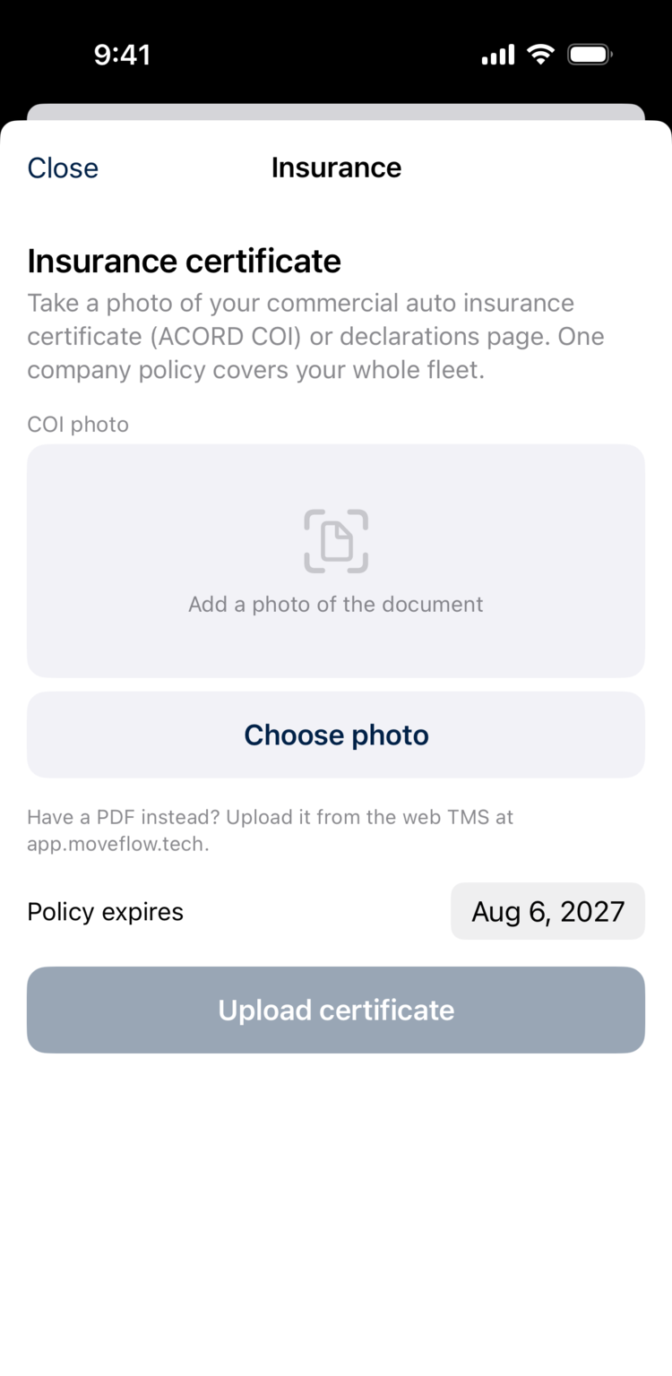 Insurance step asking for a photo of the commercial auto certificate, with a policy expiry date