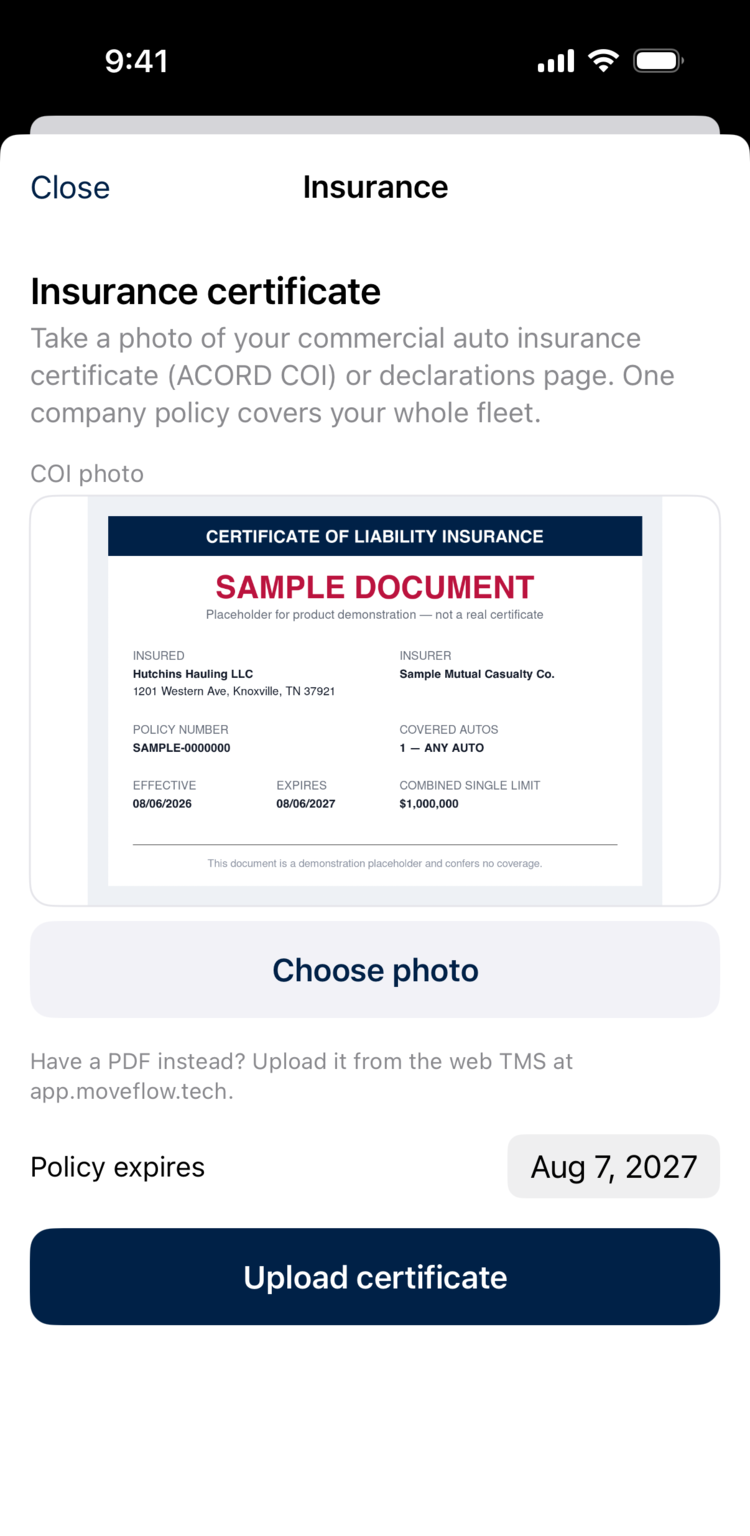 A certificate of liability insurance attached to the form, ready to upload