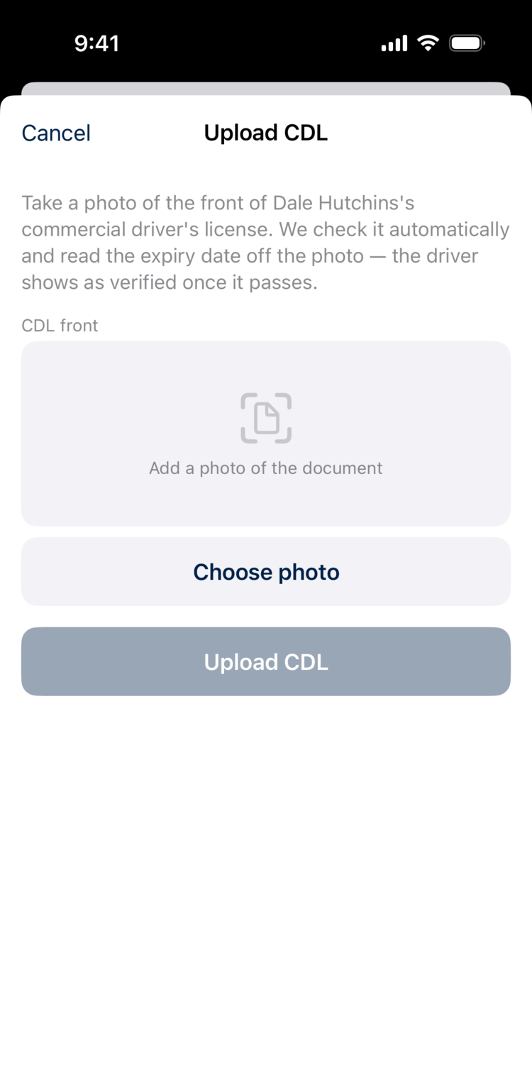 Upload CDL step explaining that the licence photo is checked automatically and its expiry read off the image