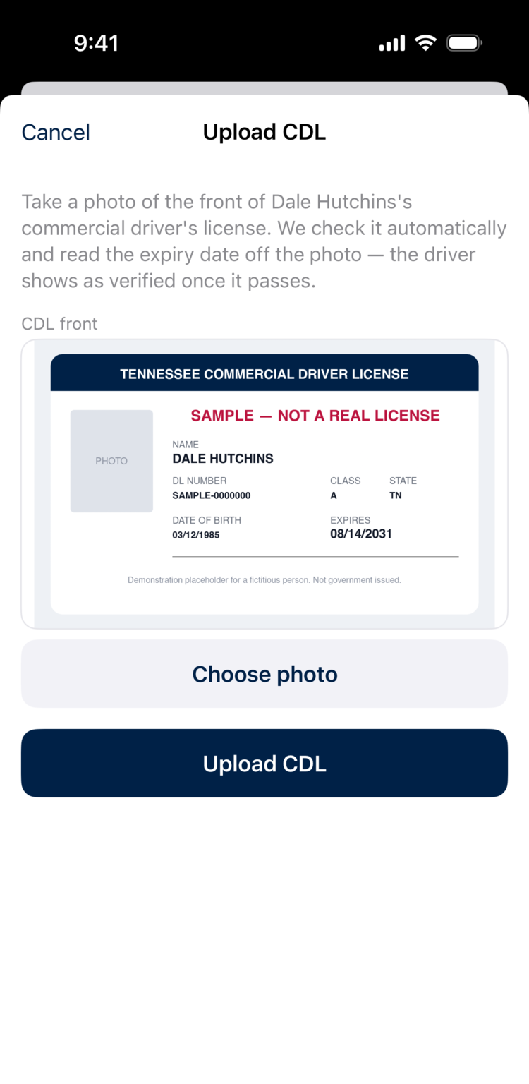 A commercial driver licence attached to the CDL upload form
