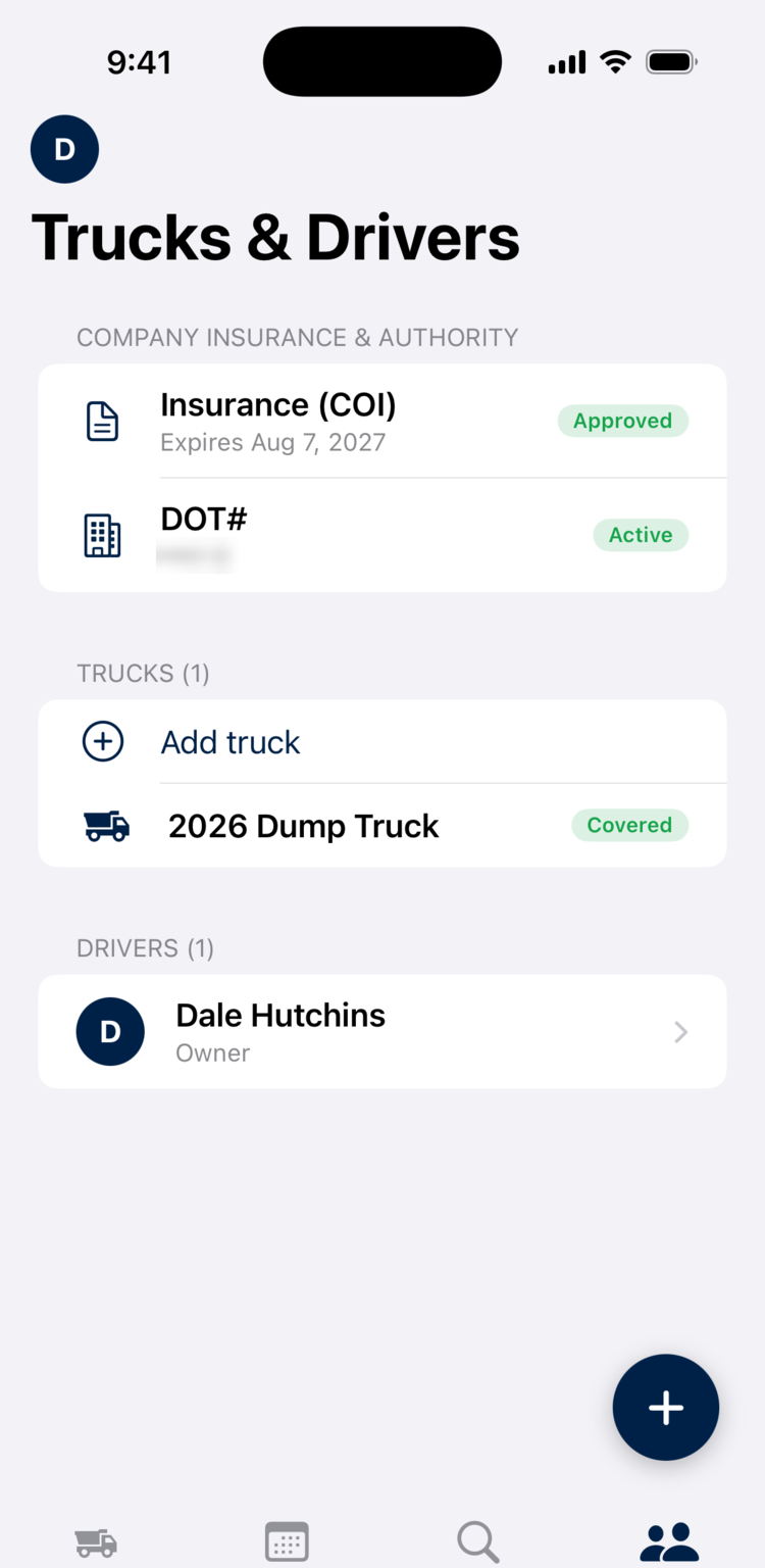The Trucks & Drivers checklist once verification has passed: insurance approved, DOT authority active, truck covered, and the driver showing no outstanding items